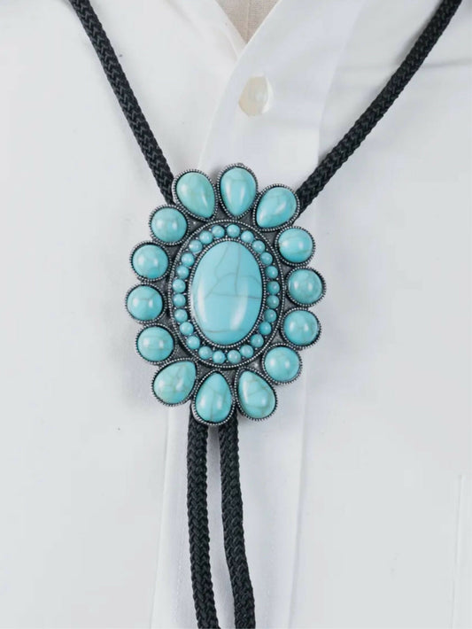 Turquoise Oval Squash Blossom Bolo Tie
