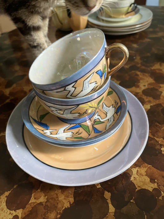 Vintage Bird Designed Lusterware cups/saucers