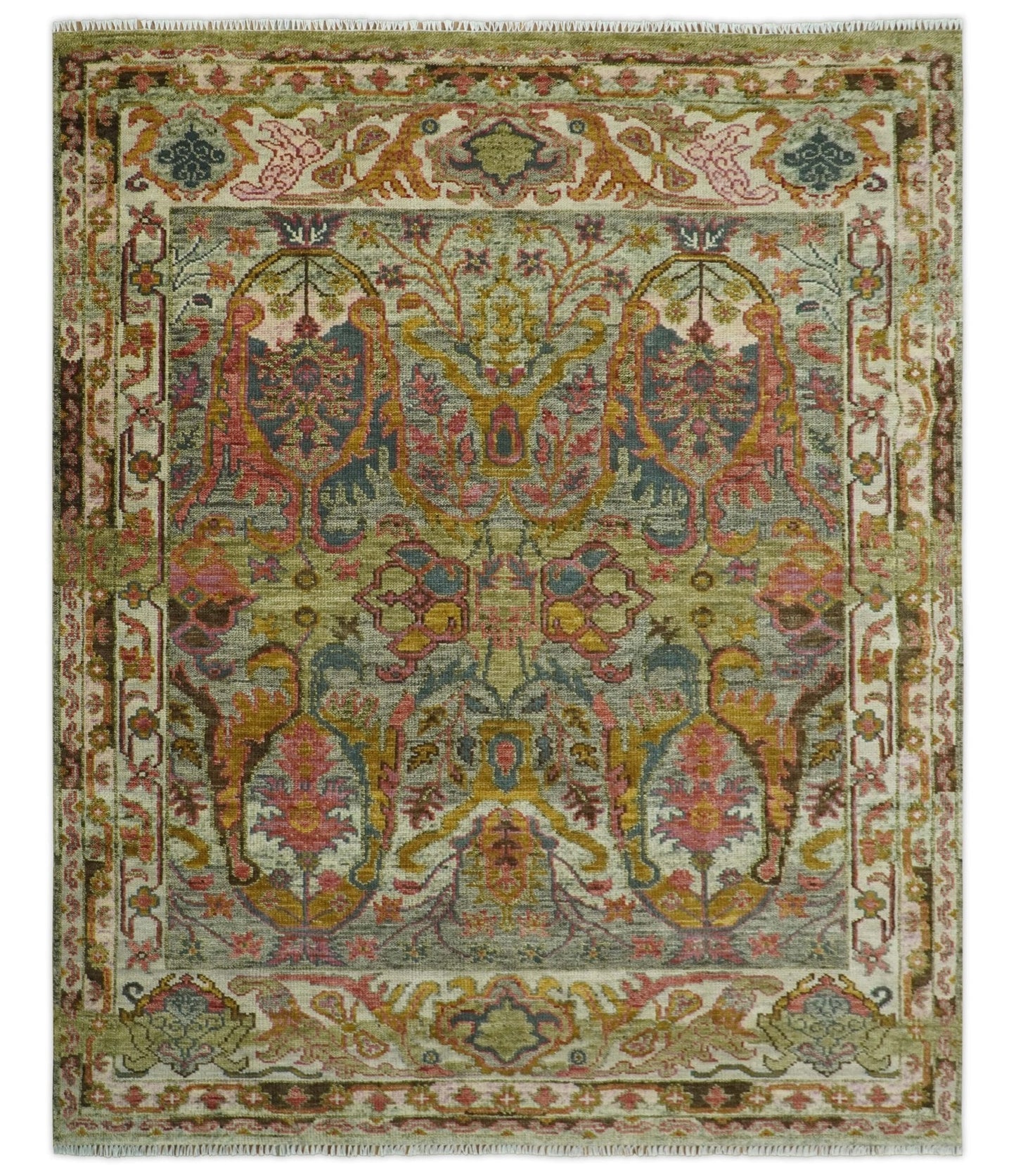 Transitional Green, Pink, Silver and Gold Hand Knotted Custom Made wool area rug