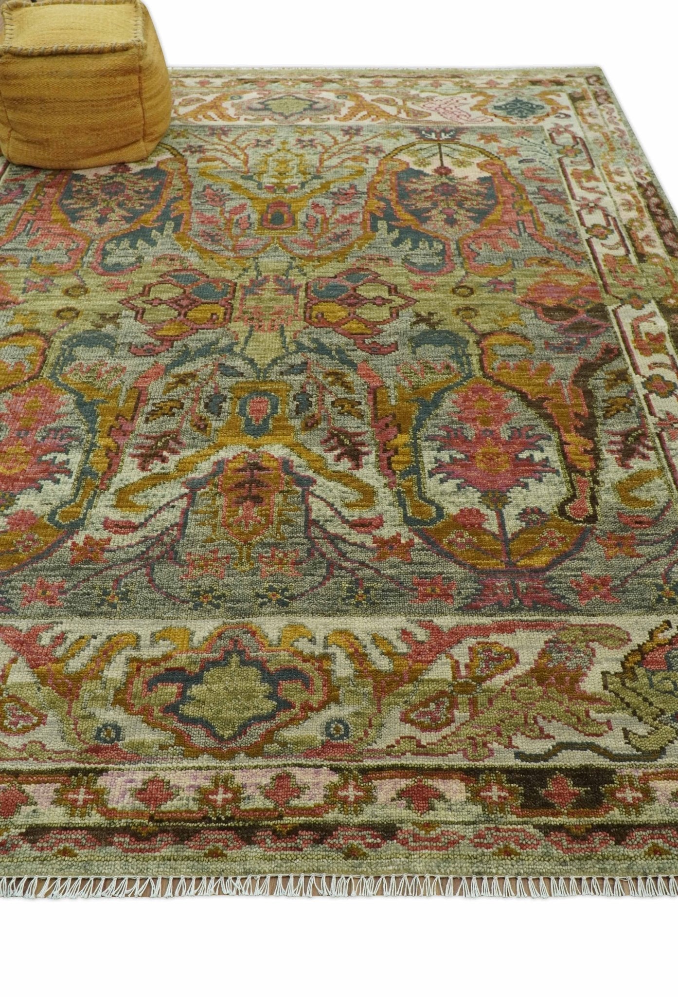 Transitional Green, Pink, Silver and Gold Hand Knotted Custom Made wool area rug