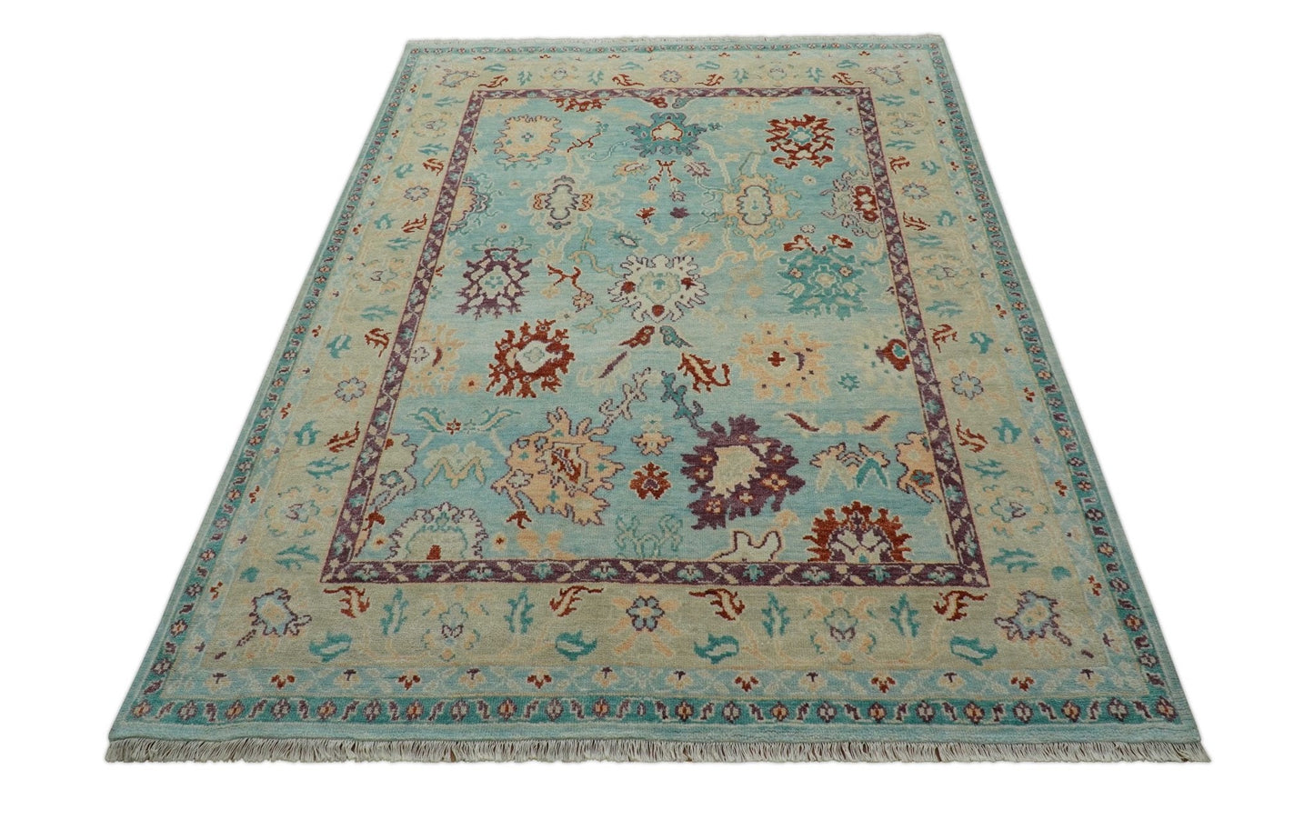 Teal And Beige Traditional Oushak Hand Knotted Wool Area Rug