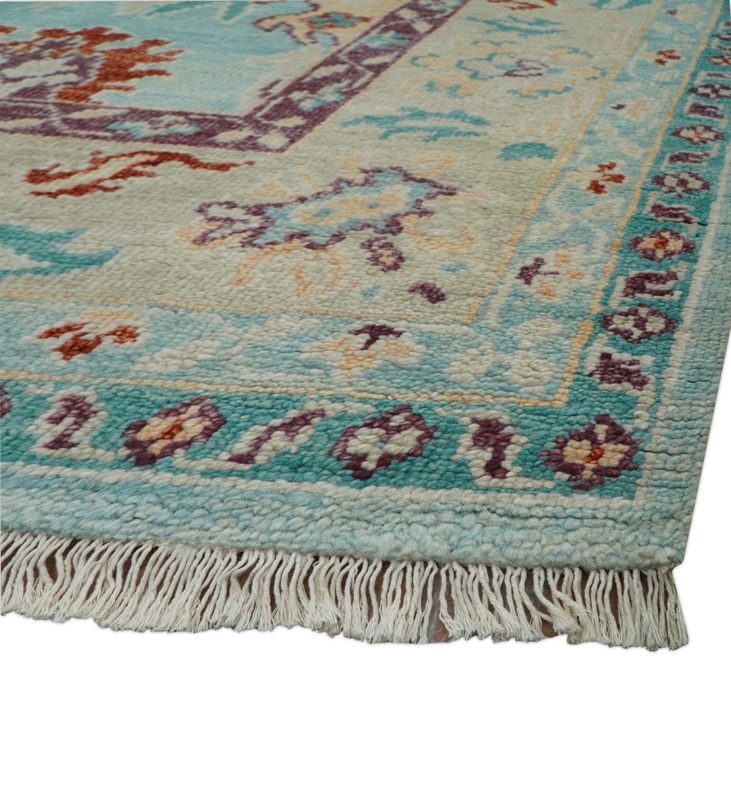 Teal And Beige Traditional Oushak Hand Knotted Wool Area Rug