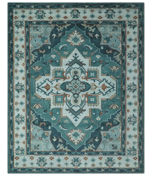 Teal and Silver Traditional Heriz Floral Hand Knotted Multi Size wool Area Rug