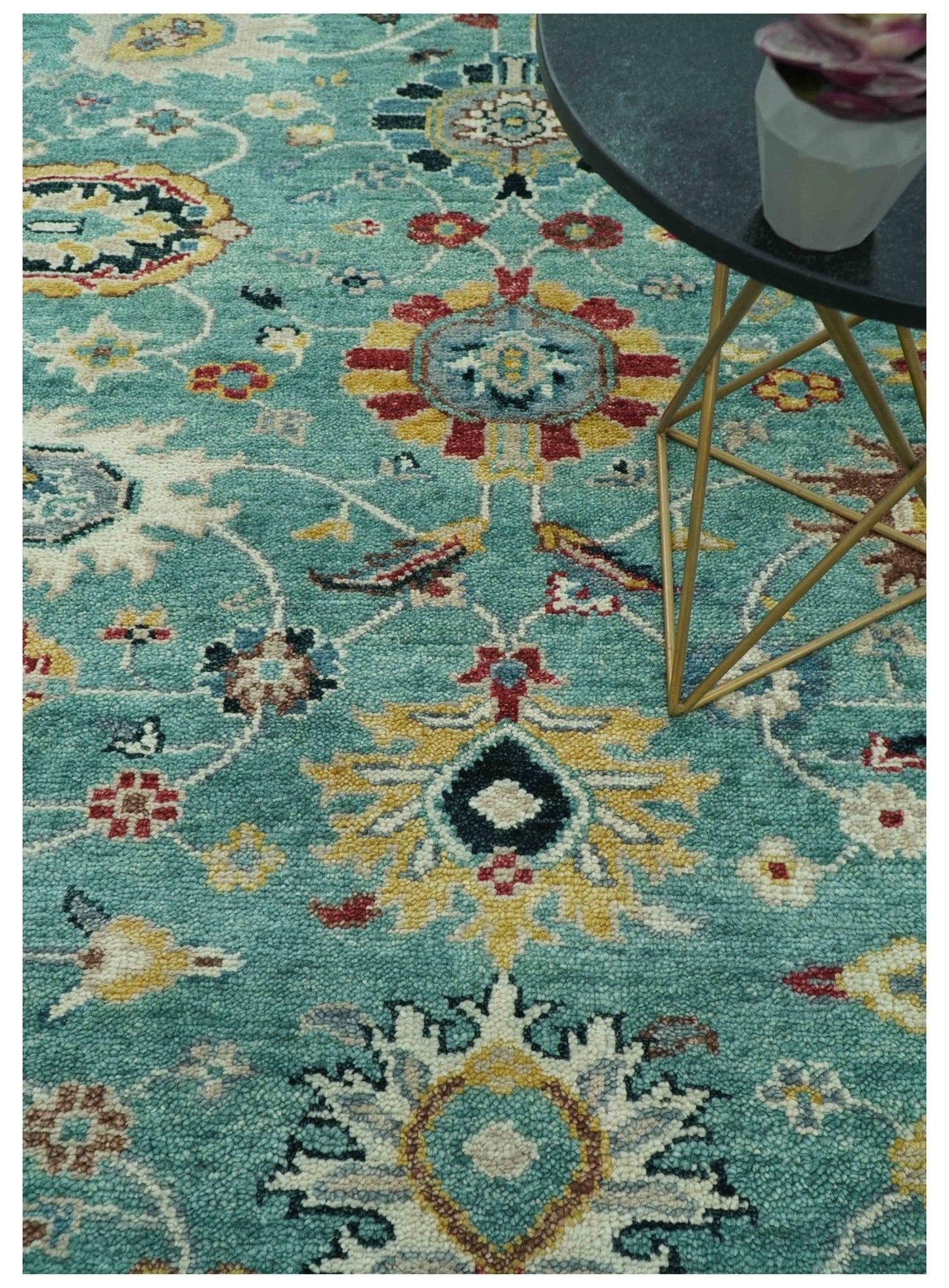 Teal And Yellow Modern Oushak Style Hand Knotted Custom Made Wool Rug