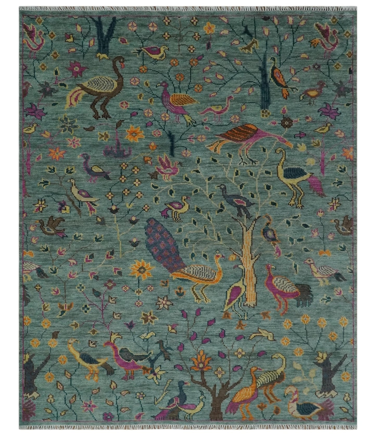 The Jungle Life Peacock on tree Rug Hand Knotted Multi Size Green Wool Rug