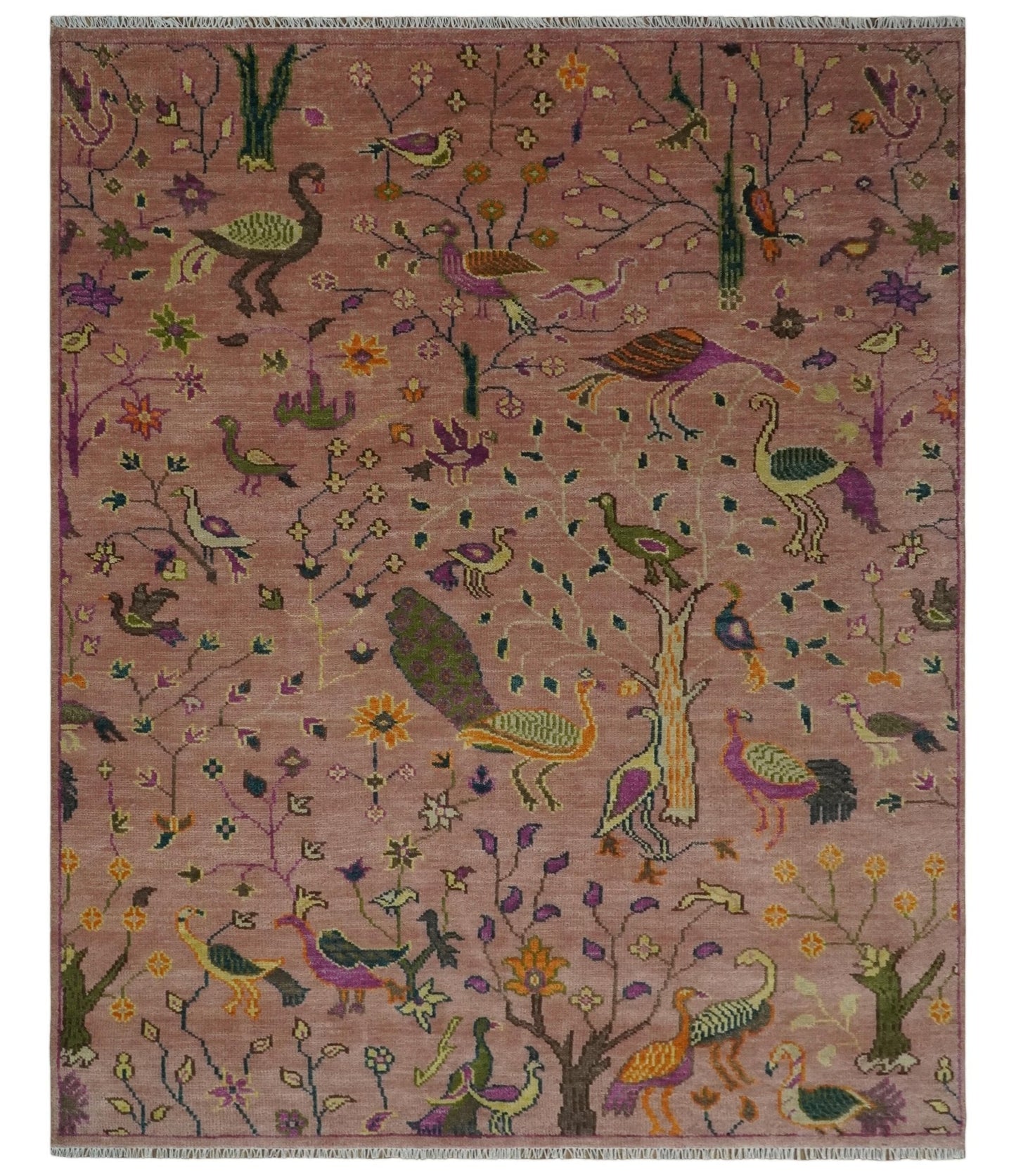 The Jungle Life Peacock on tree Rug Hand Knotted Multi Size Peach Wool Rug