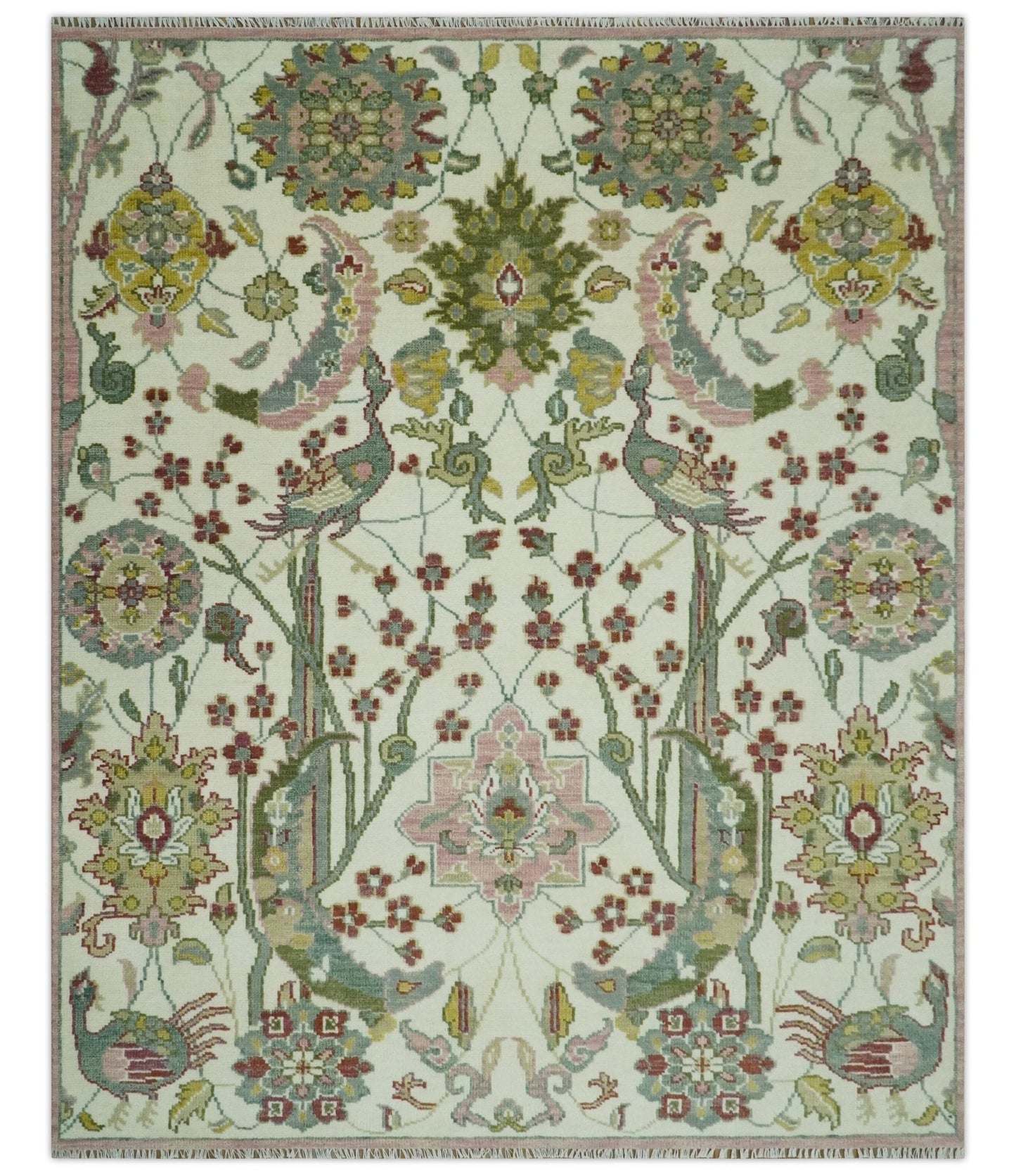 The Peacock Garden Ivory and Green Bird Hand Knotted Multi size Wool Area Rug