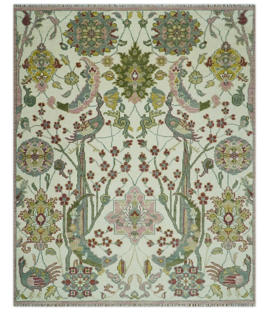 The Peacock Garden Ivory and Green Bird Hand Knotted Multi size Wool Area Rug