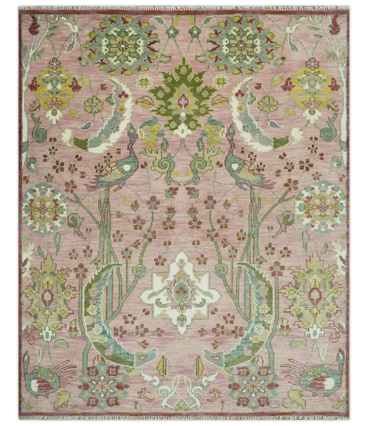 The Peacock Garden Pink and Green Peacock Bird Hand Knotted Multi size Wool Area Rug