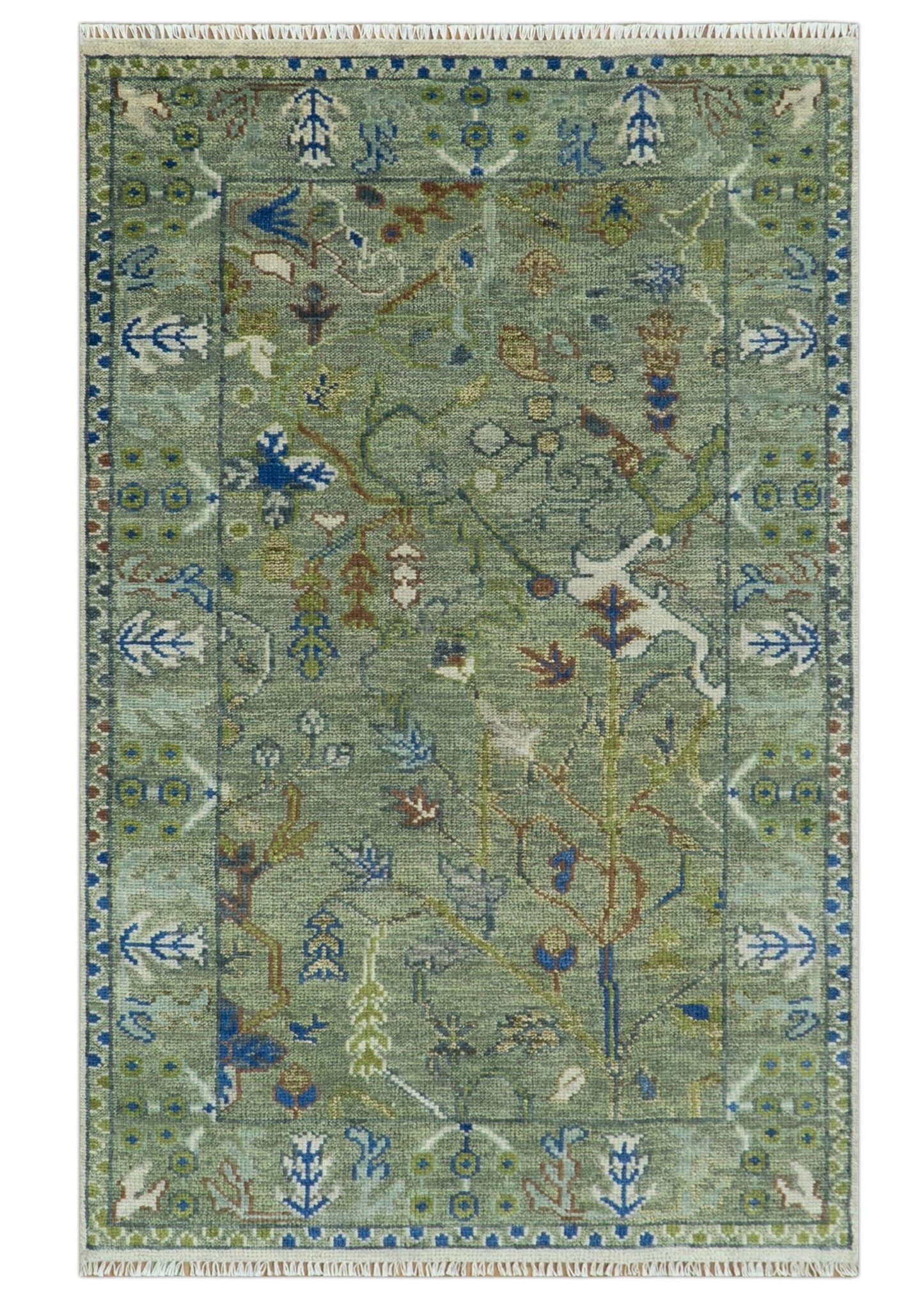 The Plants and Roots Green Hand Knotted Traditional Custom Made Wool Area Rug