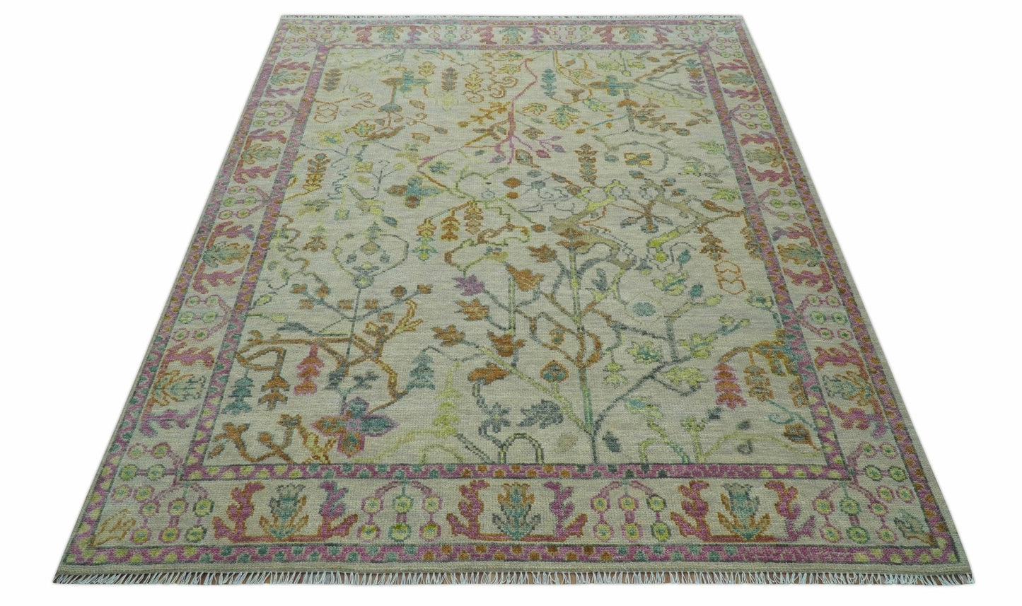 The Plants and Roots Ivory and Pink Hand Knotted Traditional Custom Made Wool Rug