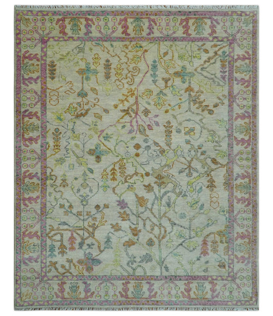 The Plants and Roots Ivory and Pink Hand Knotted Traditional Custom Made Wool Rug