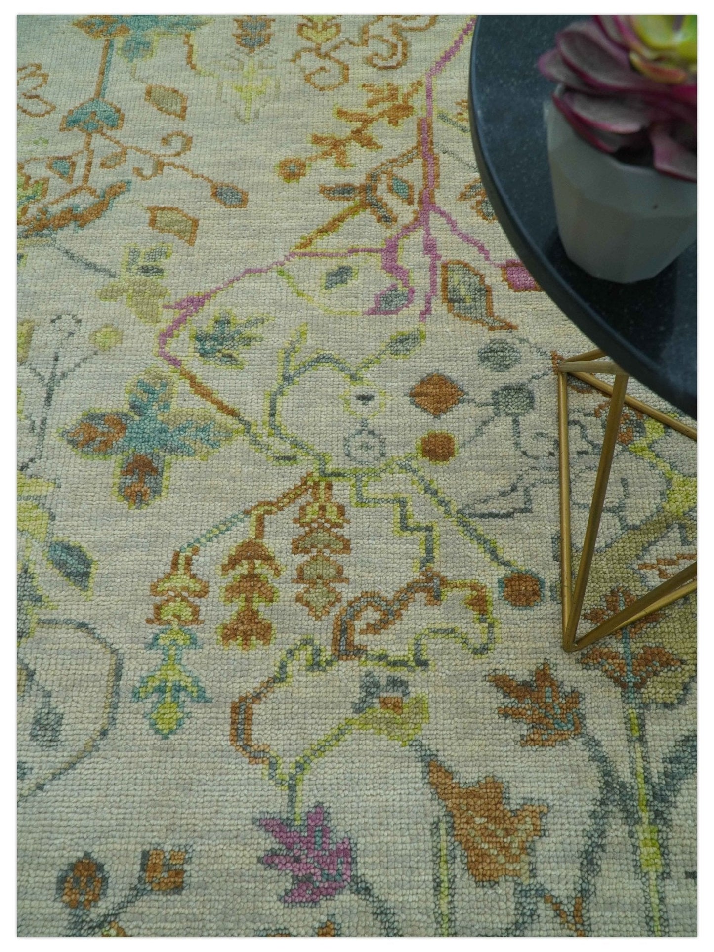 The Plants and Roots Ivory and Pink Hand Knotted Traditional Custom Made Wool Rug