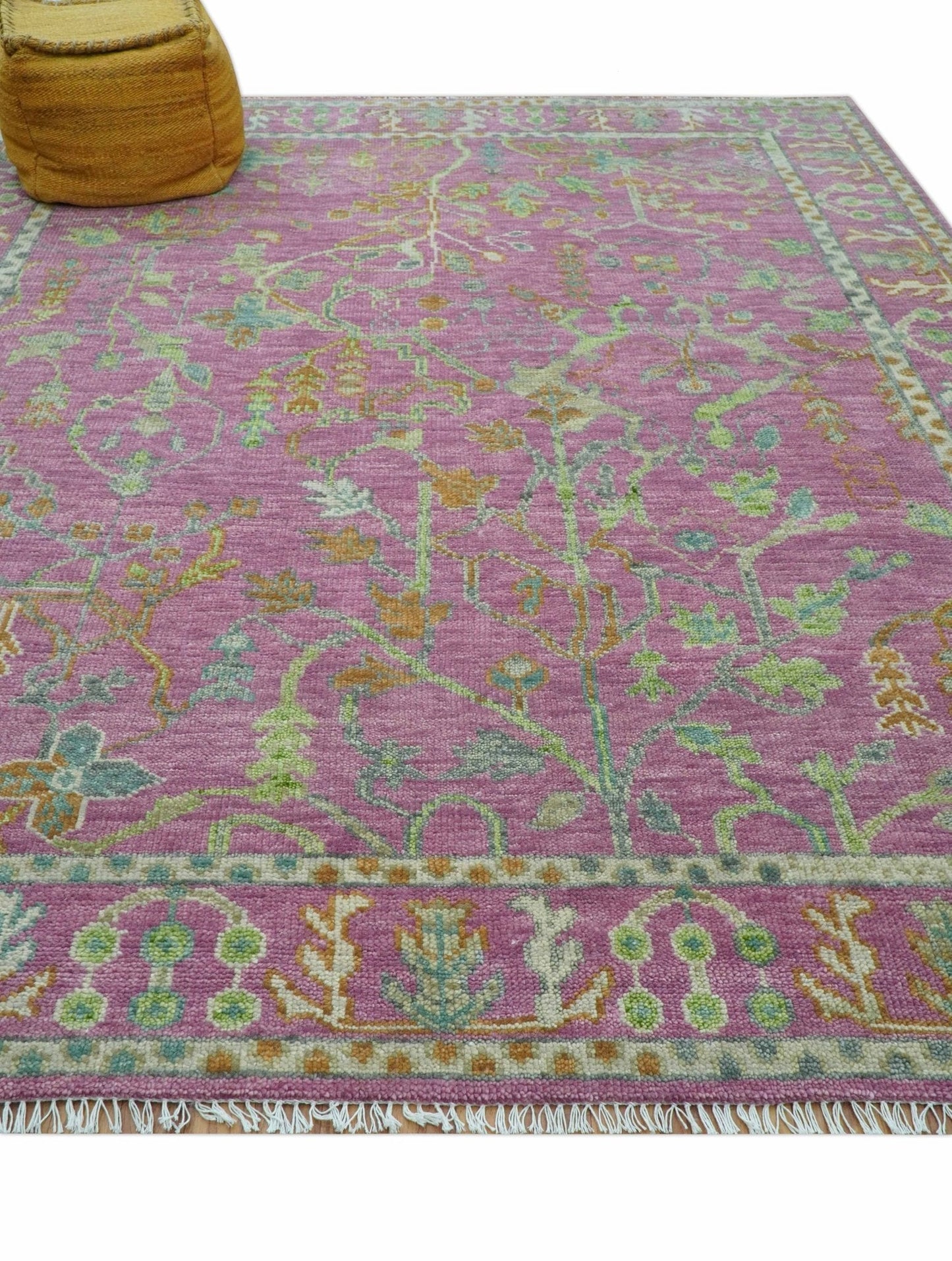 The Plants and Roots Pink and Green Hand Knotted Traditional Custom Made Wool Rug
