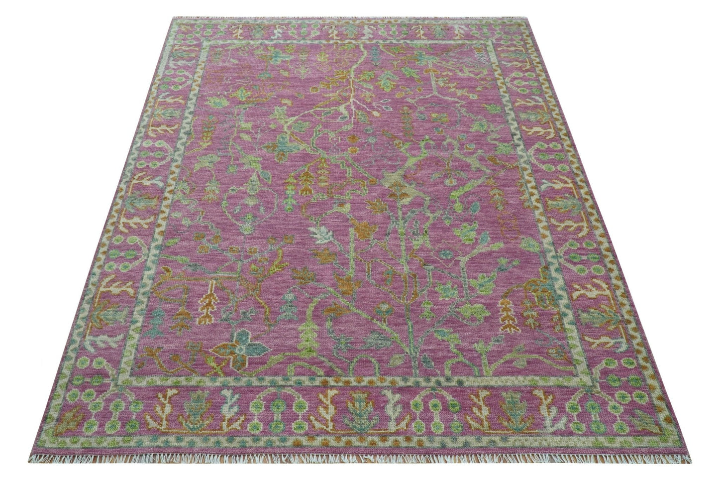 The Plants and Roots Pink and Green Hand Knotted Traditional Custom Made Wool Rug