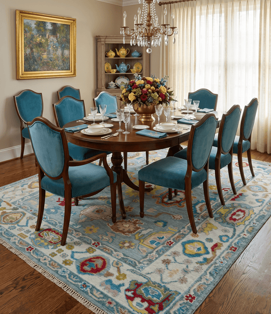 Traditional Blue and Ivory Vibrant Colorful Hand knotted Oushak Multi Size wool Area Rug