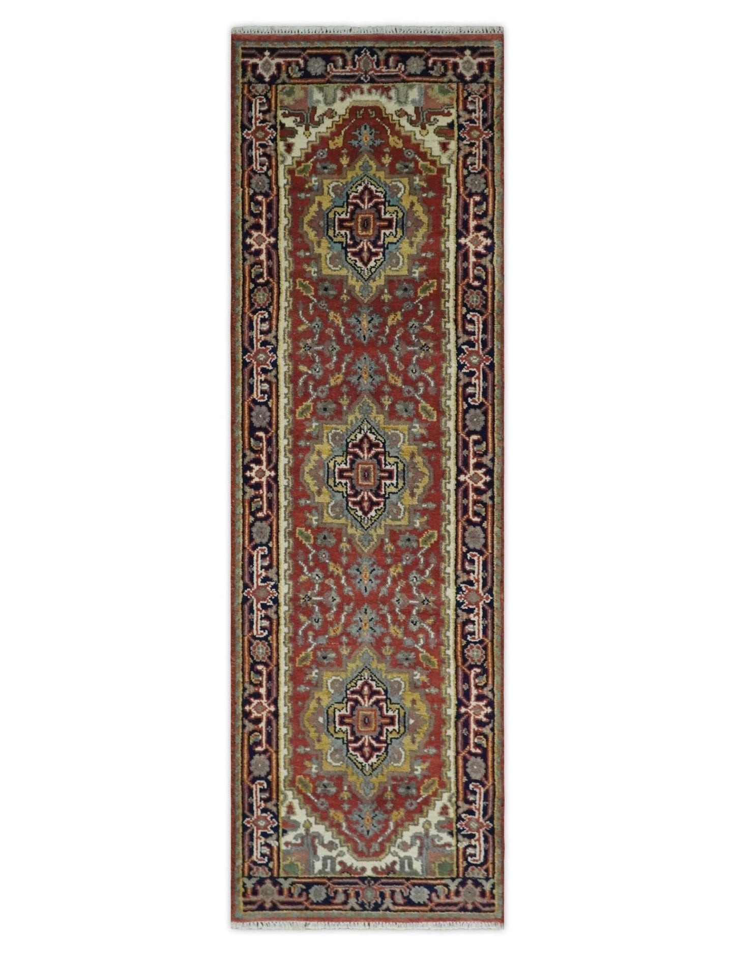 Traditional Blue, Rust and Ivory Heriz Serapi Hand knotted Multi Size wool Area Rug