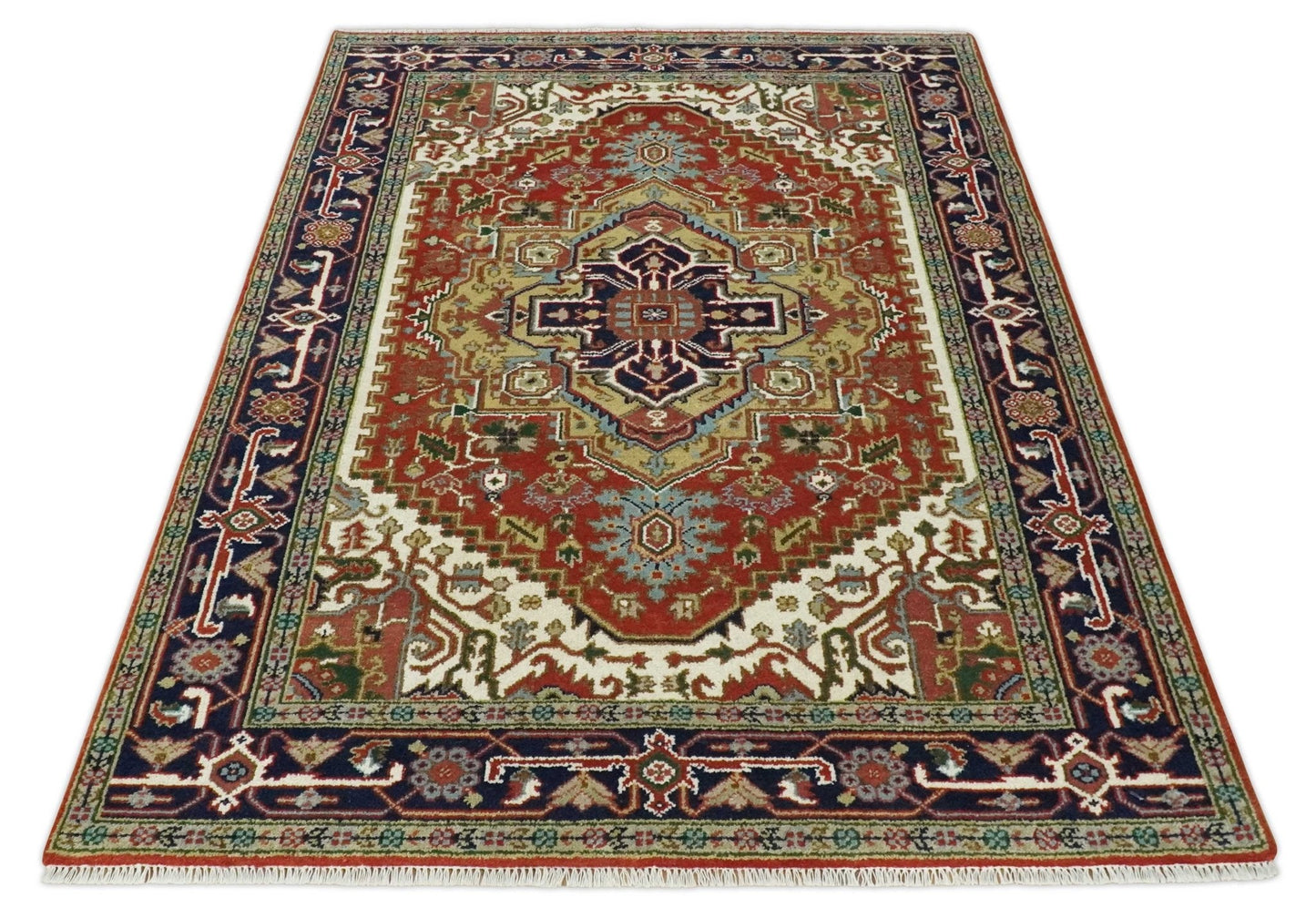 Traditional Blue, Rust and Ivory Heriz Serapi Hand knotted Multi Size wool Area Rug