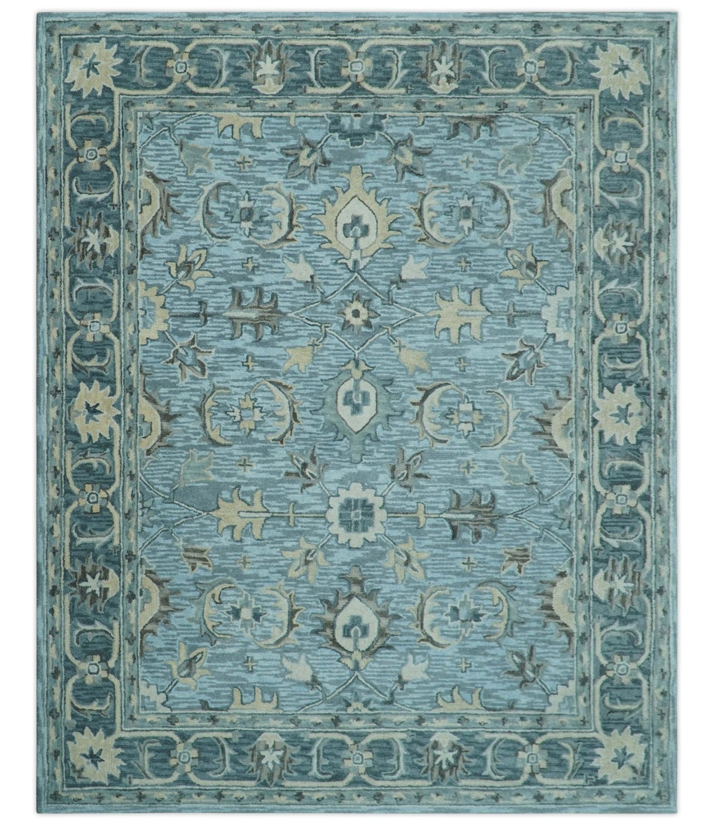 Traditional Floral Aqua, Gray and Beige Hand Tufted Multi size wool area rug