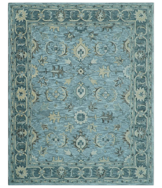 Traditional Floral Aqua, Gray and Beige Hand Tufted Multi size wool area rug