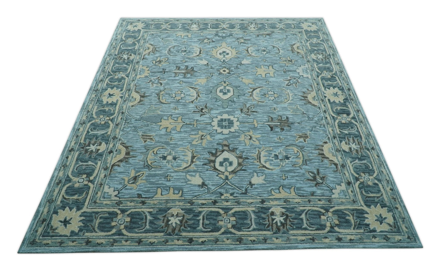 Traditional Floral Aqua, Gray and Beige Hand Tufted Multi size wool area rug
