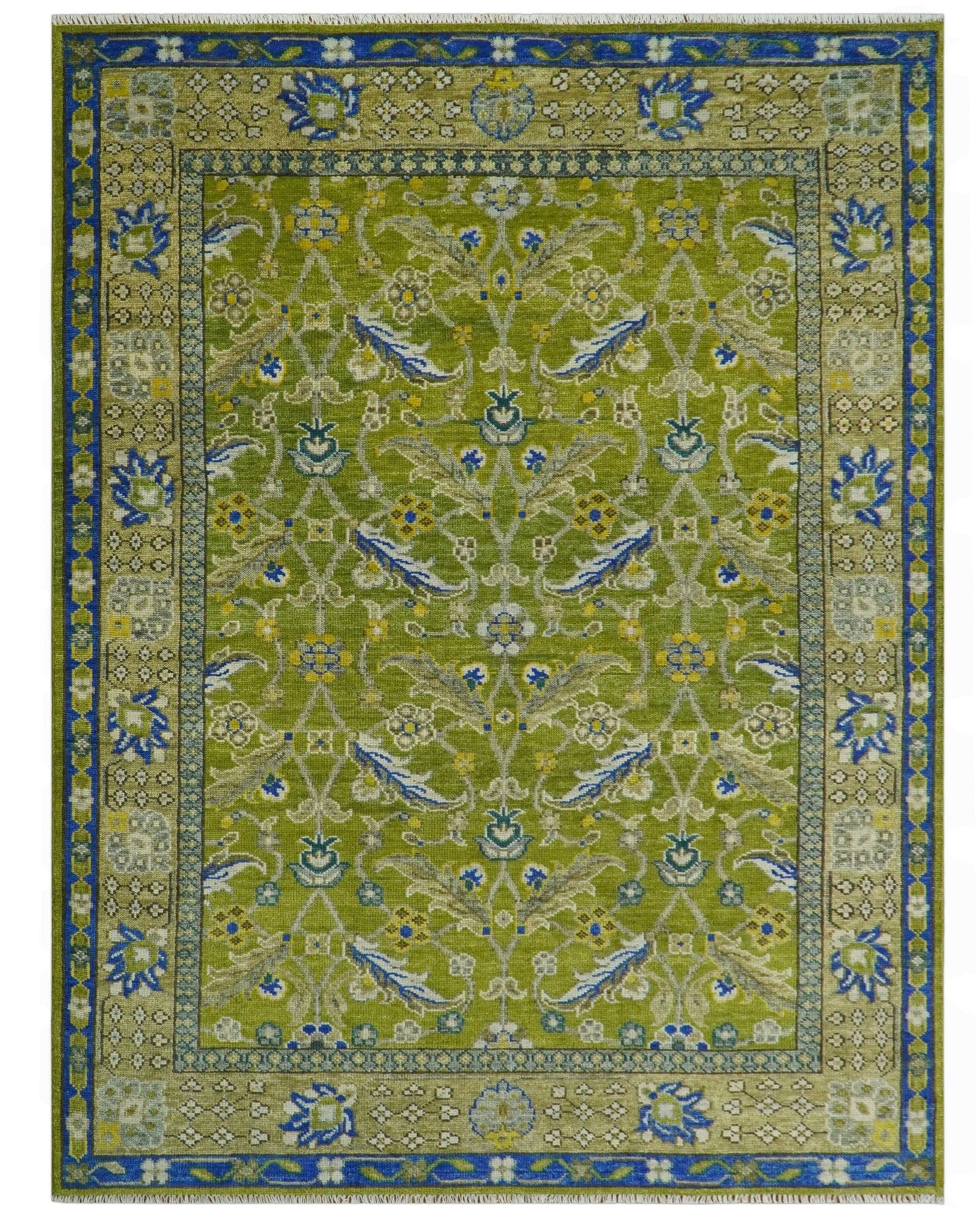 Traditional Floral Green and Blue Hand Knotted Multi size wool area rug
