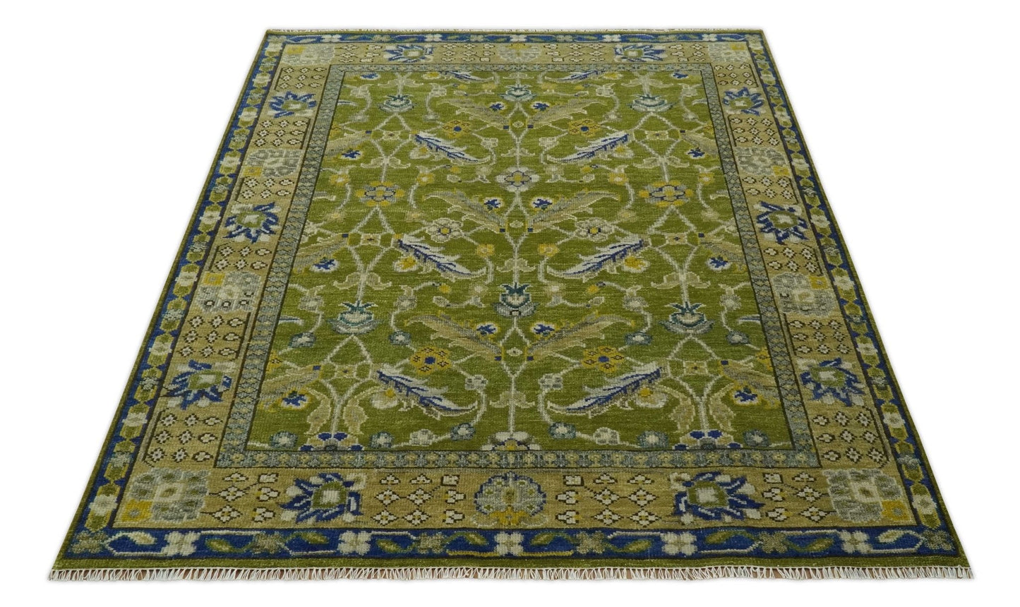 Traditional Floral Green and Blue Hand Knotted Multi size wool area rug