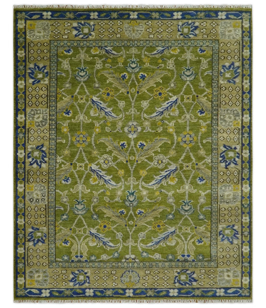 Traditional Floral Green and Blue Hand Knotted Multi size wool area rug