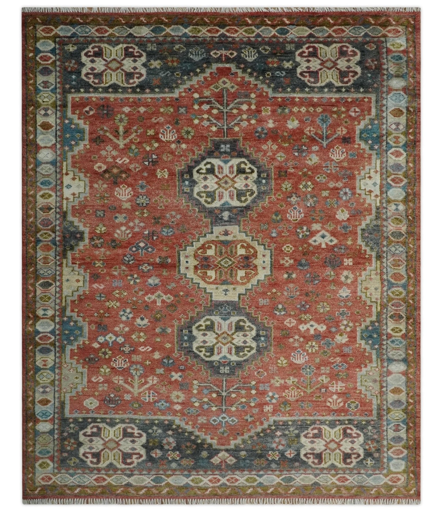 Traditional floral Rust, Charcoal and Beige Mamluk design Custom Made wool Area Rug