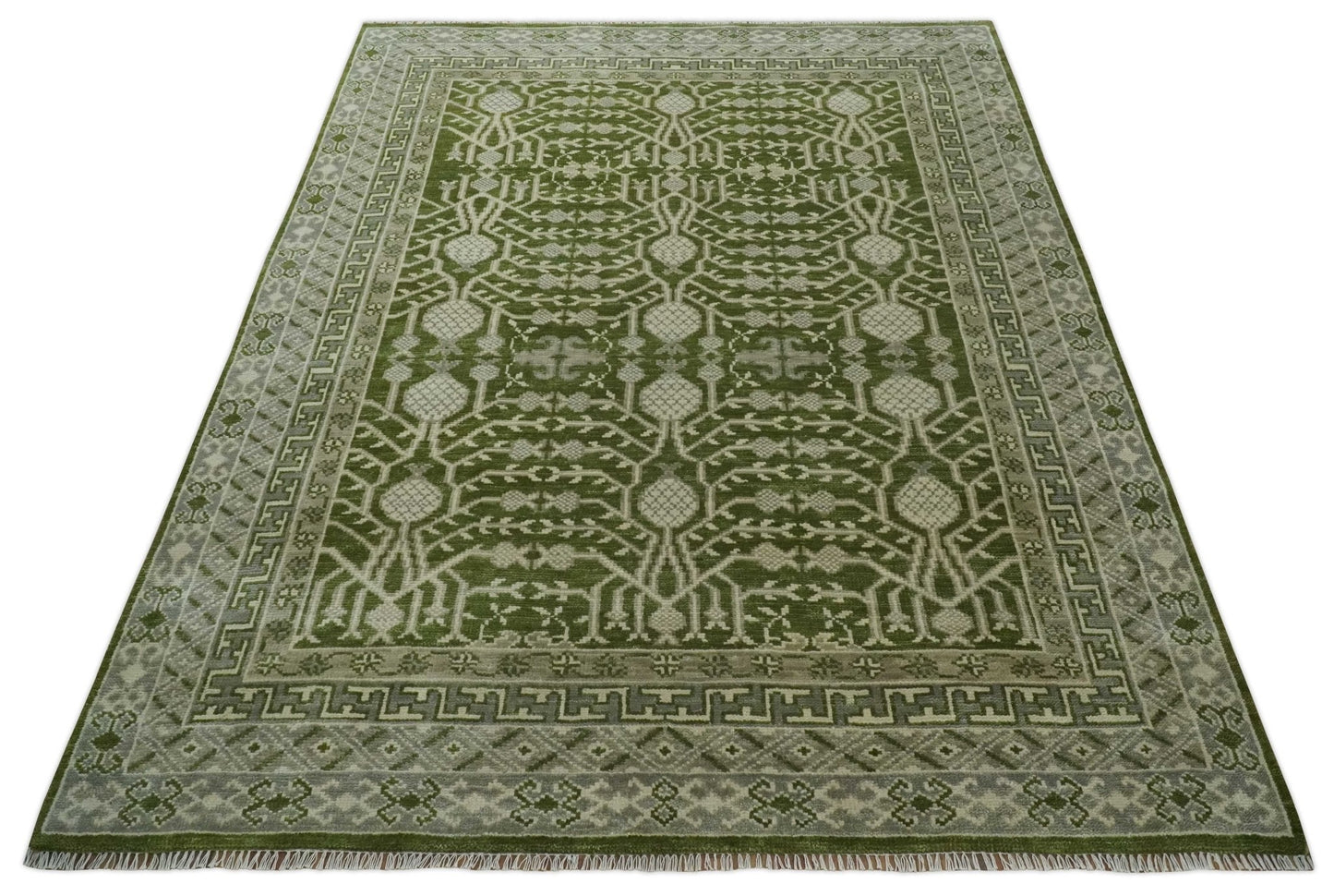 Traditional Hand knotted Royal Green and Ivory Turkish Design wool Area Rug