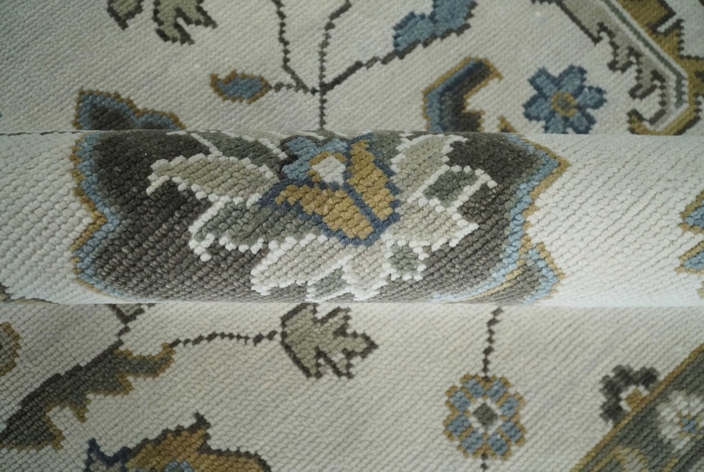 Traditional Ivory and Beige Hand Knotted Oriental Oushak Wool Area Rug