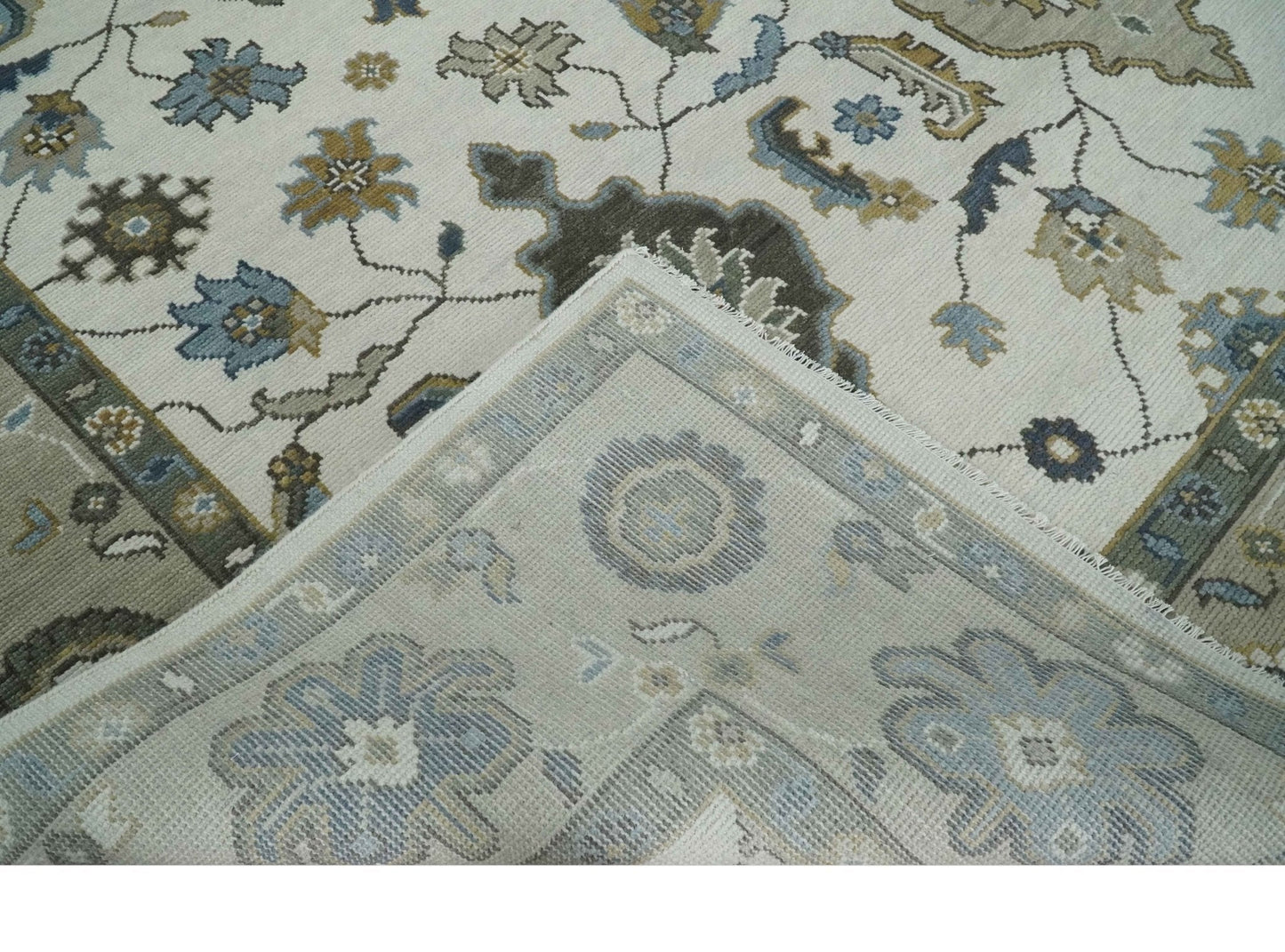 Traditional Ivory and Beige Hand Knotted Oriental Oushak Wool Area Rug