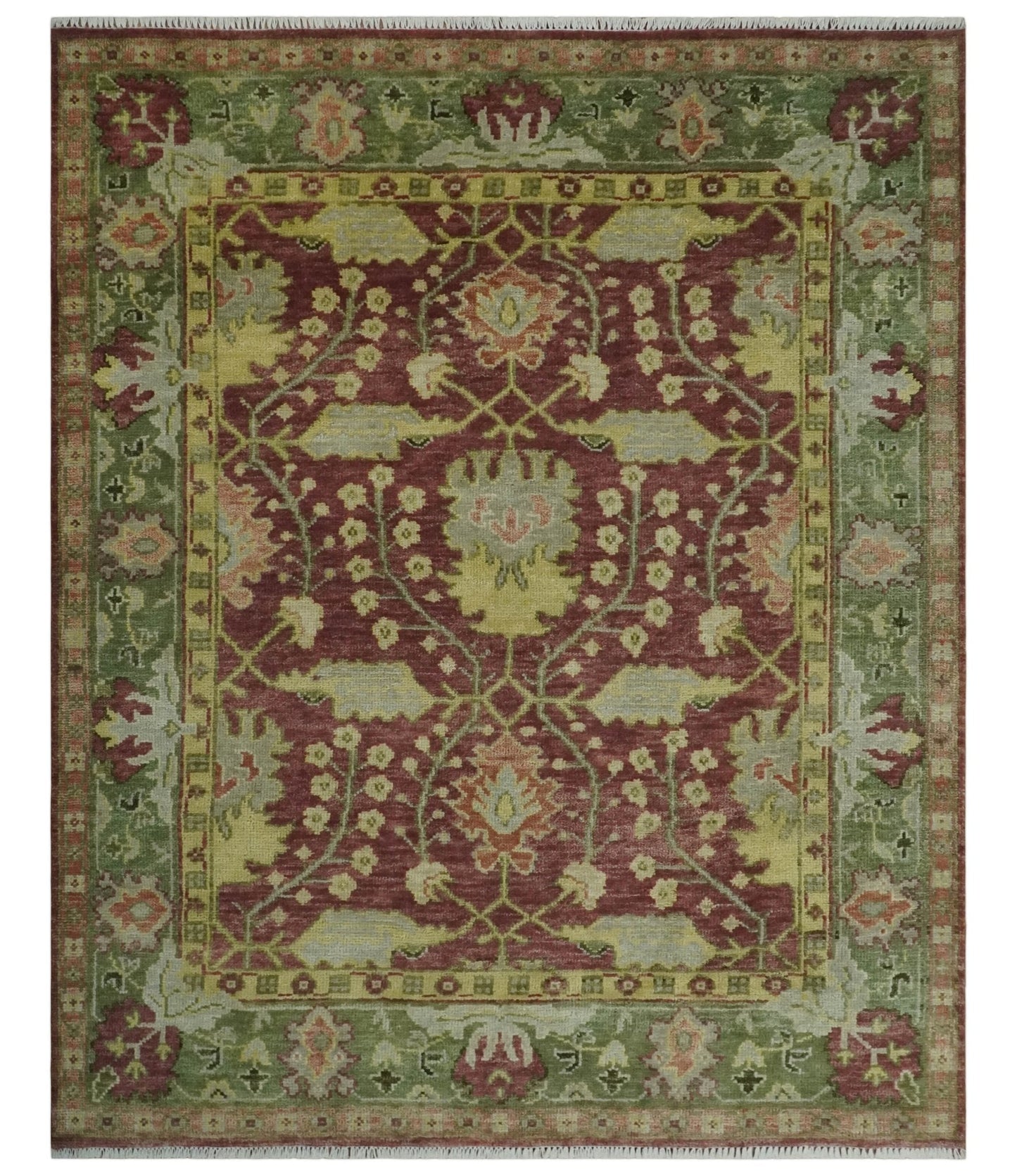 Traditional Maroon, Green and Beige Antique Donegal Design Hand knotted Area Rug