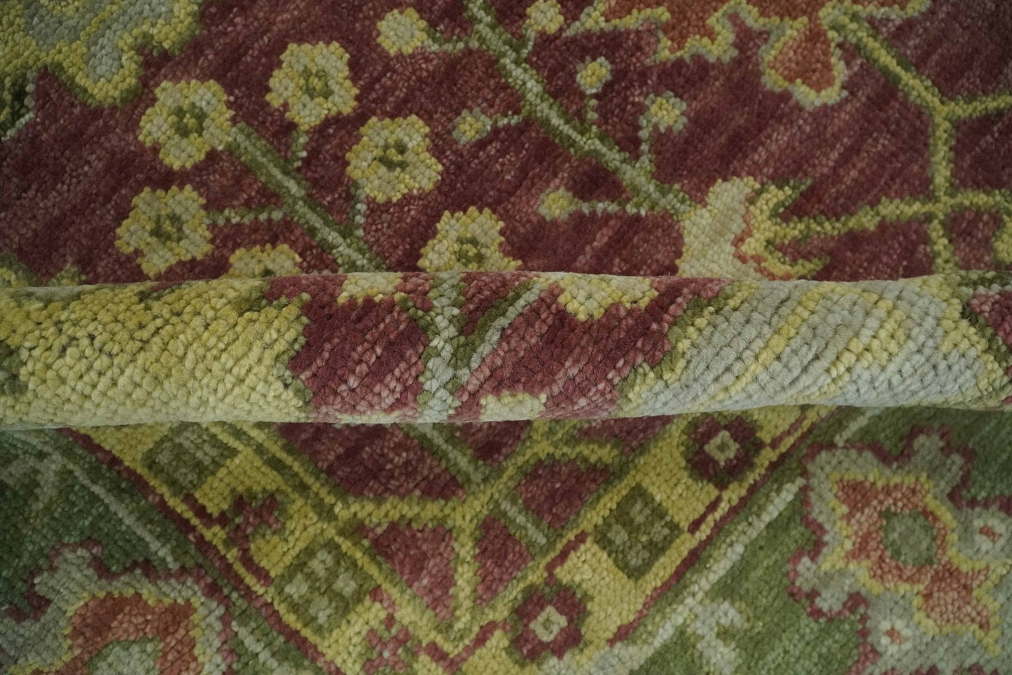 Traditional Maroon, Green and Beige Antique Donegal Design Hand knotted Area Rug