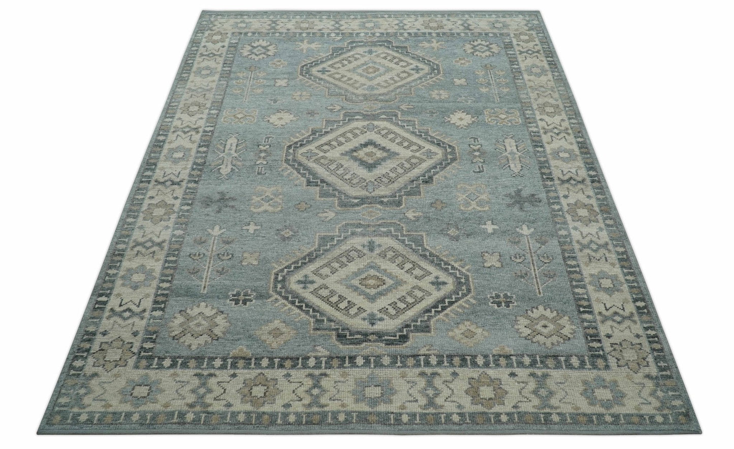 Traditional Medallions Design Blue And Beige Custom Made Wool And Linen Blend Rug