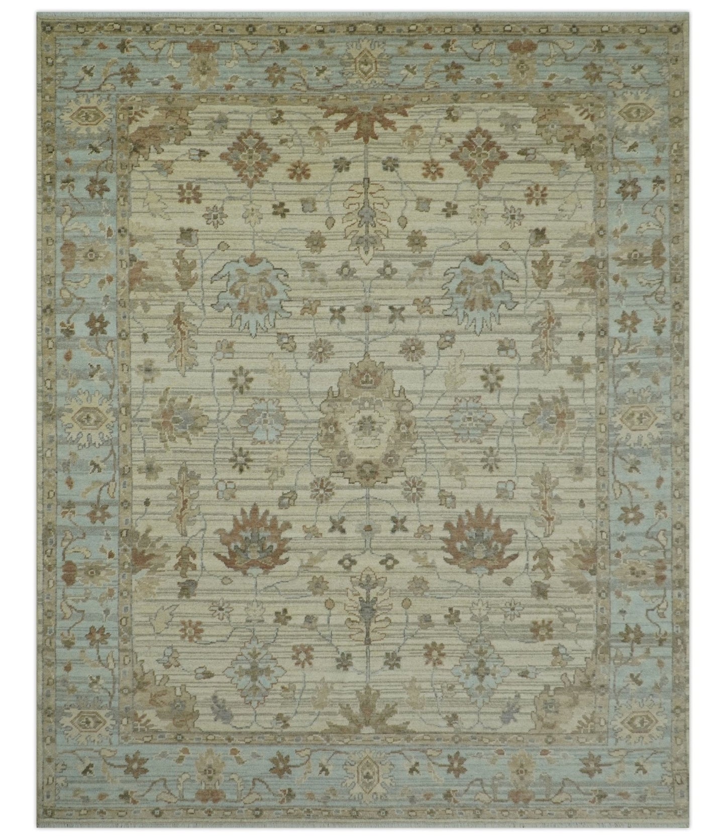 Traditional Oushak  Beige, Brown And Blue Hand Knotted Custom Made Wool rug