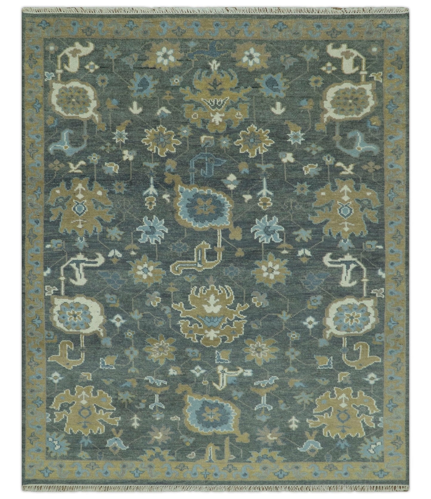 Traditional Oushak Design Charcoal And Camel Hand Knotted Custom Made Wool rug