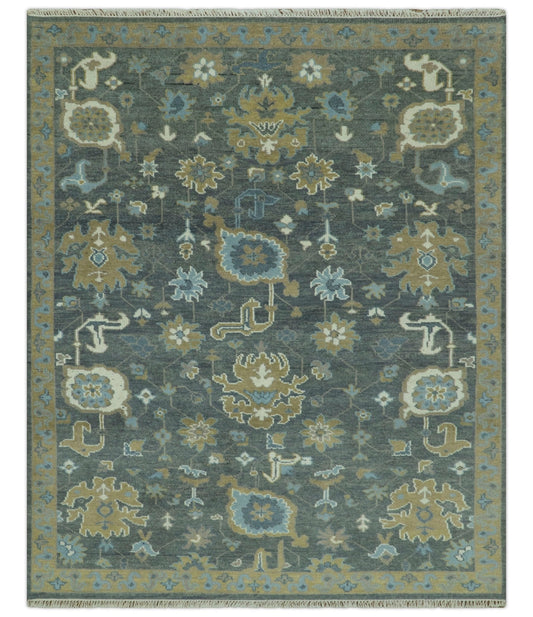 Traditional Oushak Design Charcoal And Camel Hand Knotted Custom Made Wool rug