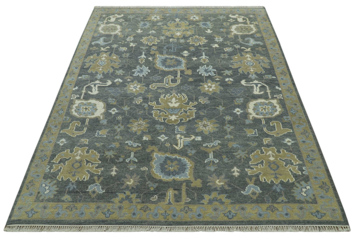 Traditional Oushak Design Charcoal And Camel Hand Knotted Custom Made Wool rug