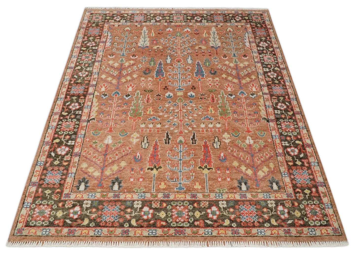 Traditional Oushak Tree of Life Rust and Brown Hand Knotted Wool Rug
