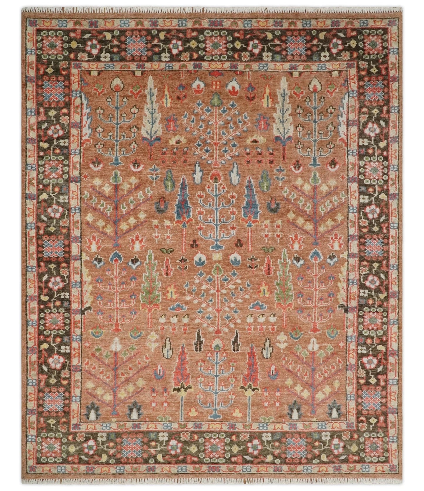 Traditional Oushak Tree of Life Rust and Brown Hand Knotted Wool Rug