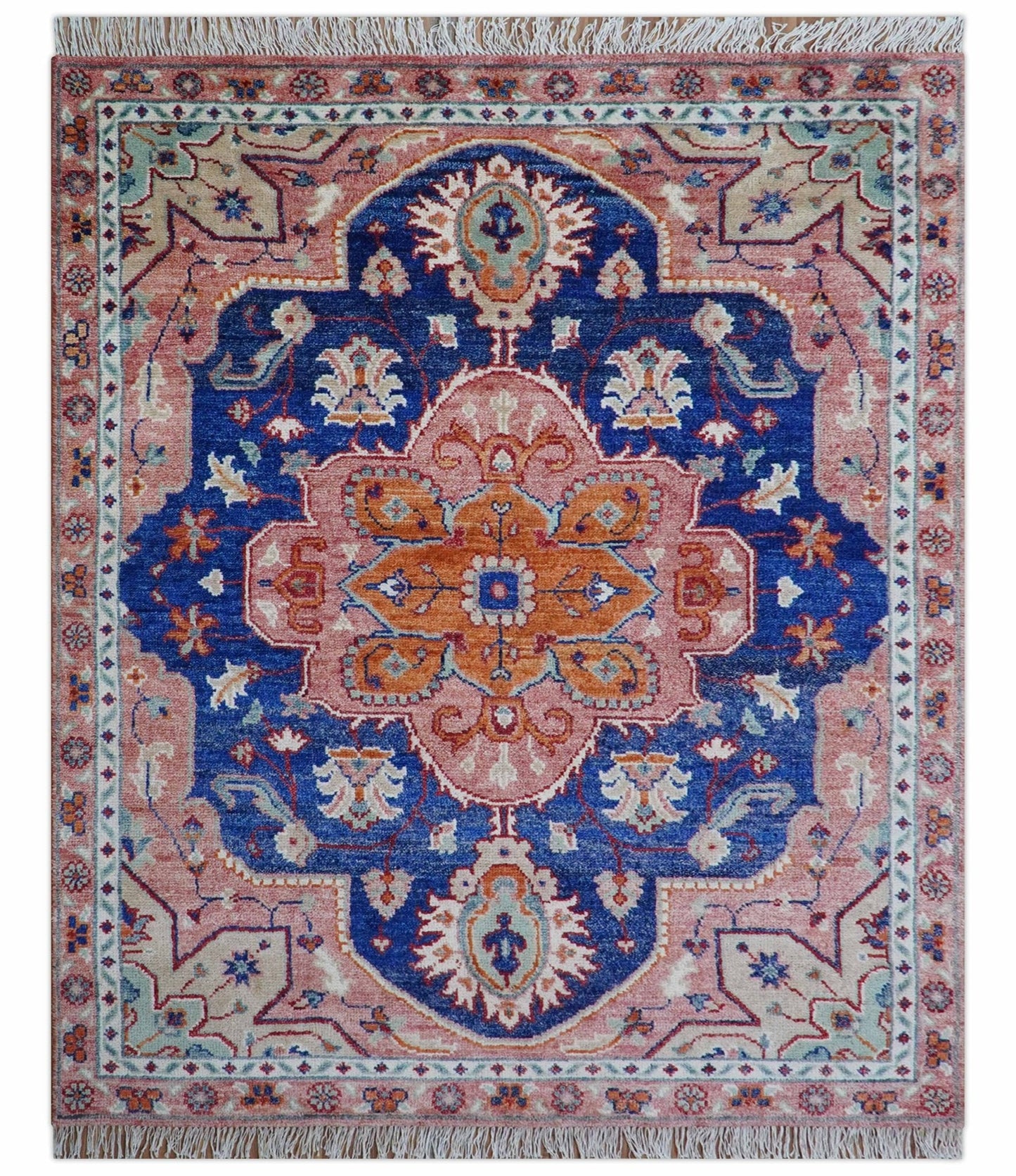 Traditional Serapi Design Blue And Pink Hand Knotted Wool Area Rug