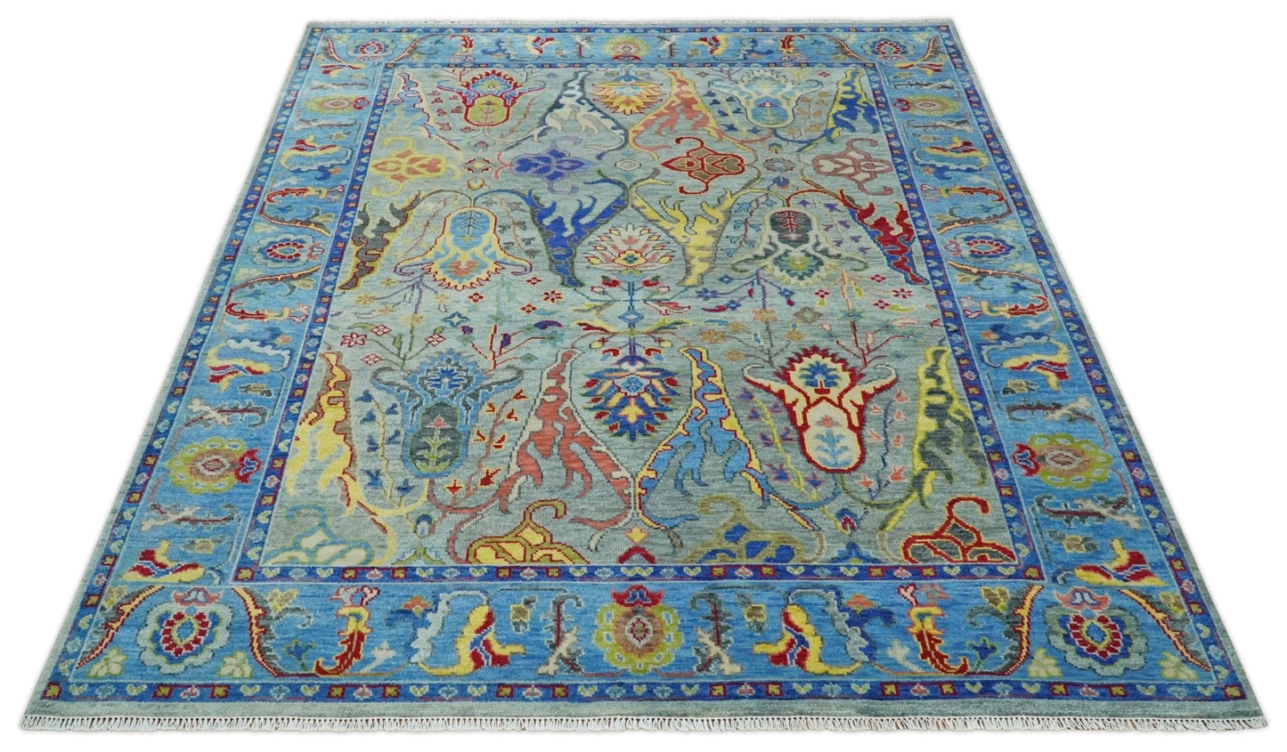 Traditional Silver and Blue Antique Style Colorful Hand knotted wool Area Rug