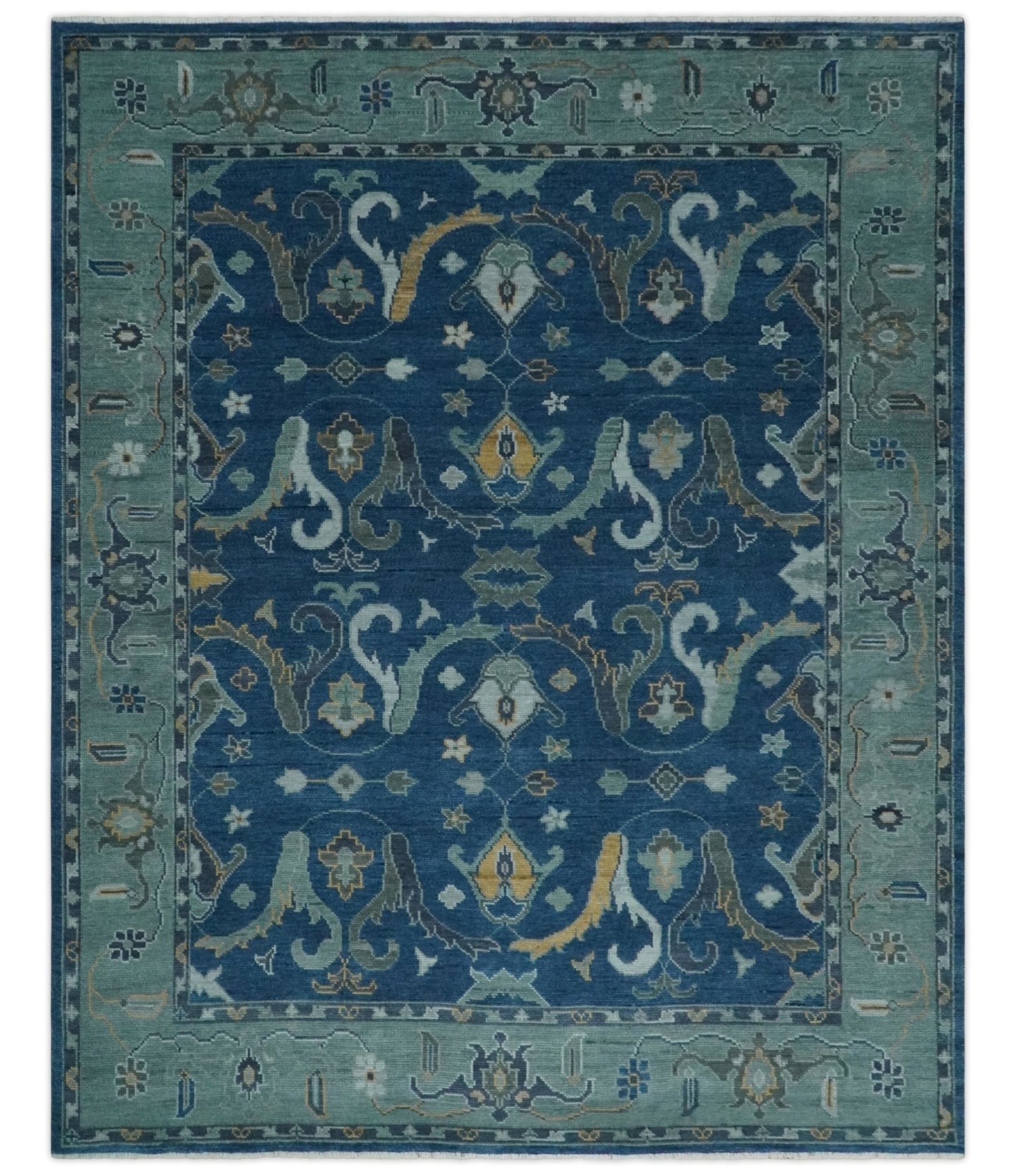 Traditional Turkish Design Hand Knotted Oriental Oushak Blue and Aqua Wool Area Rug