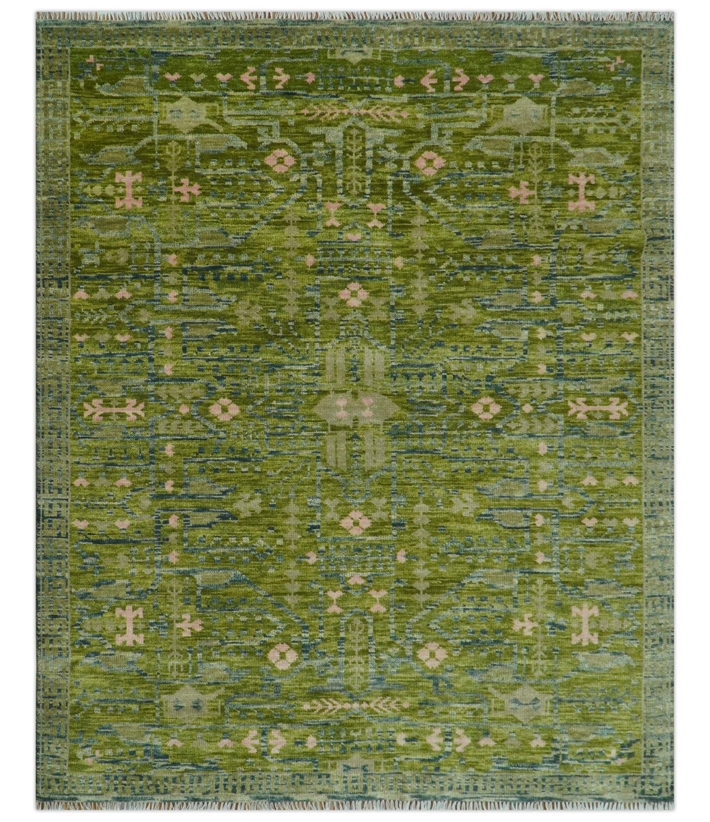 Transitional Design Green And Blue Hand Knotted Custom Made Wool Rug
