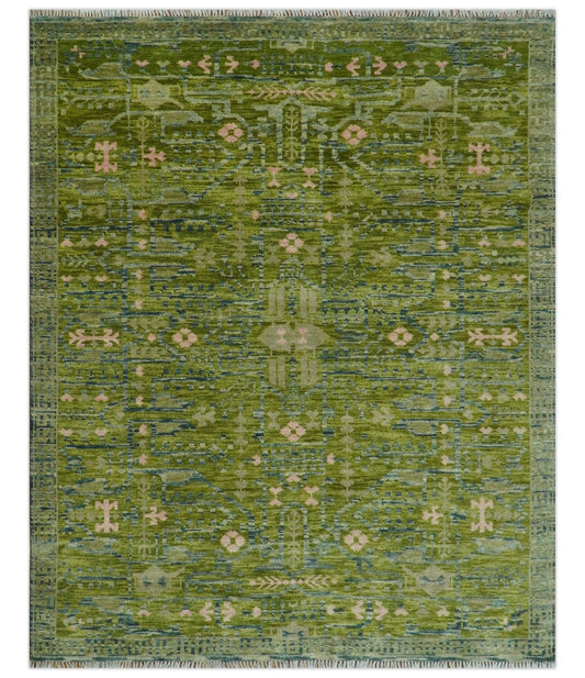 Transitional Design Green And Blue Hand Knotted Custom Made Wool Rug
