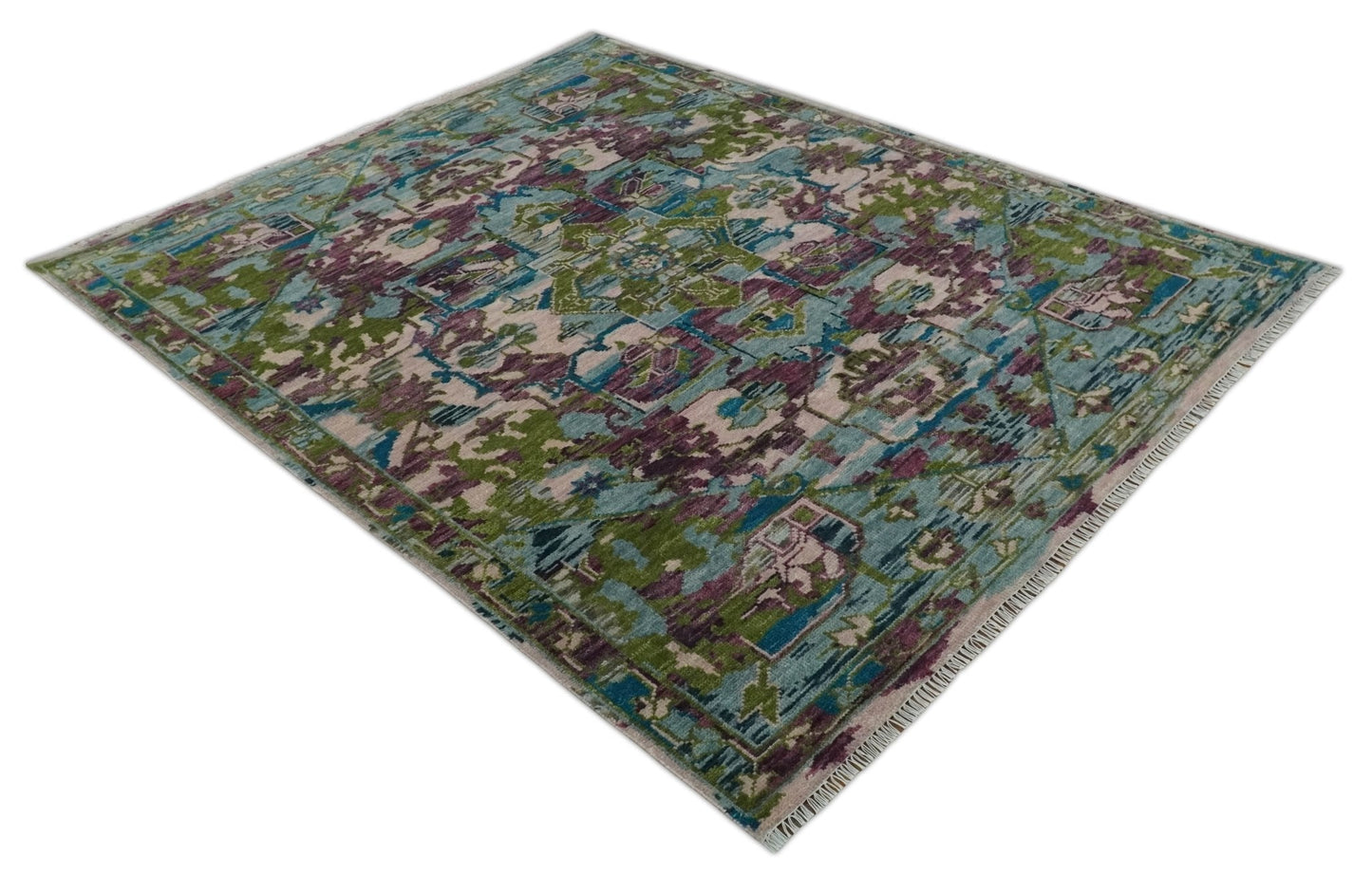 Transitional Hand Knotted Custom Made Green, Aqua, Peach and Purple Wool Rug