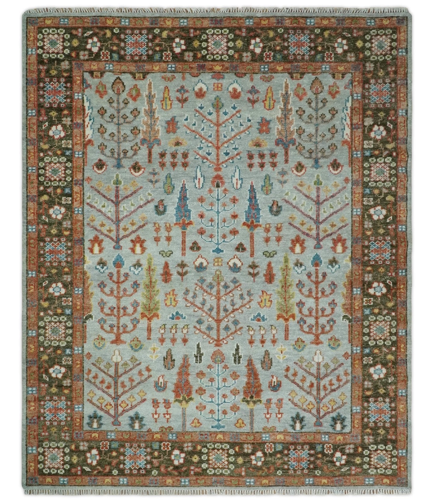 Tree of Life Multi Size Hand Knotted Silver, Brown and Rust Traditional Vintage Oushak Wool Rug