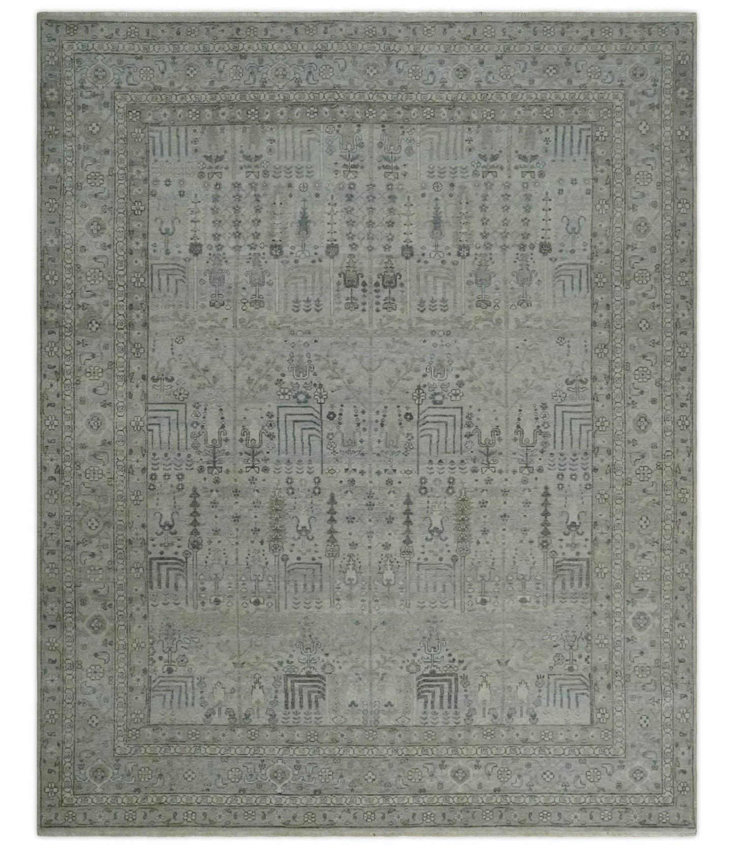 Tree of life Antique Distressed Finished Gray and Silver Low Pile Multi Size wool Area Rug