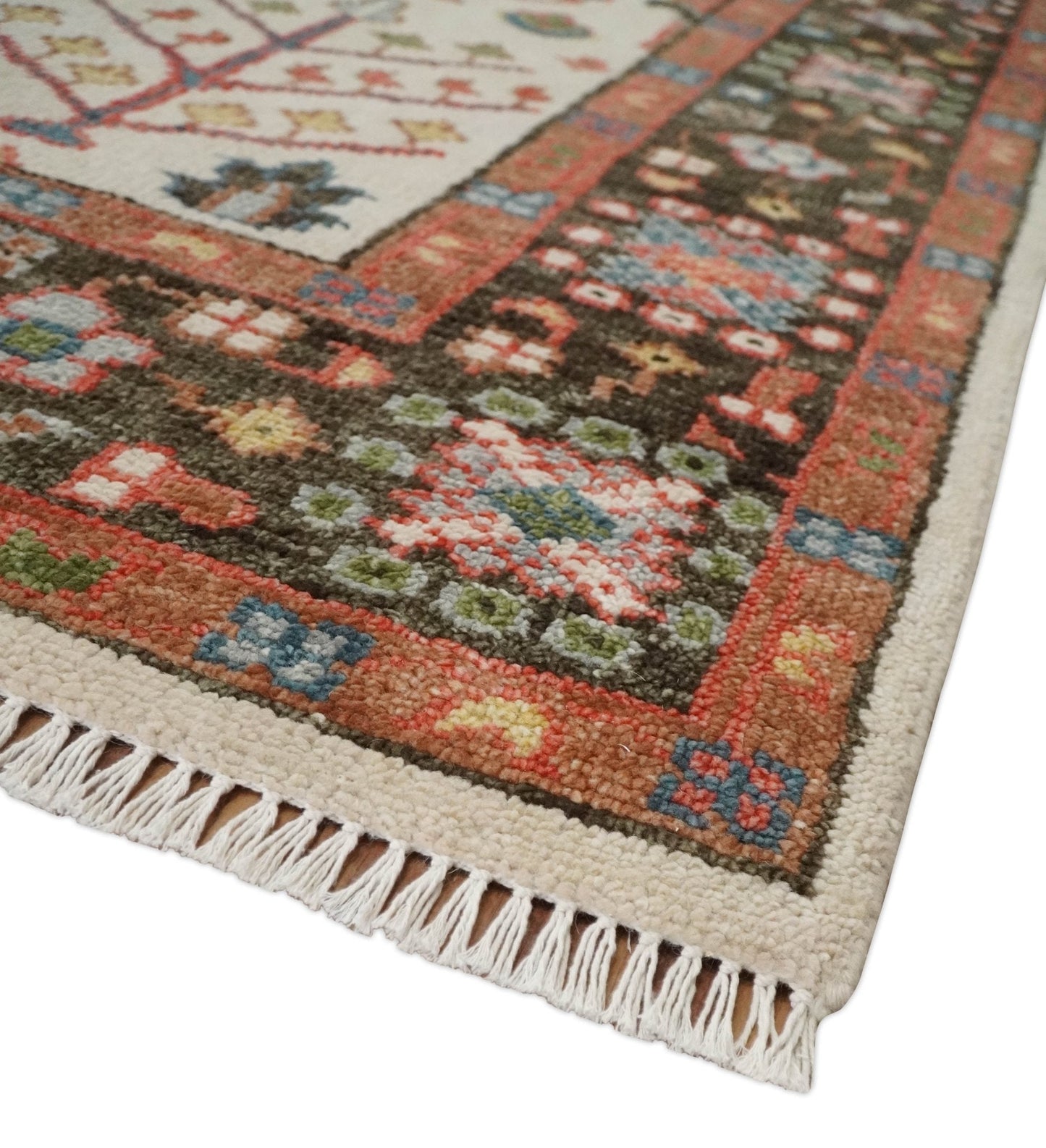 Tree of Life Hand Knotted Ivory, Brown and Rust Traditional Oushak Multi Size Wool Rug